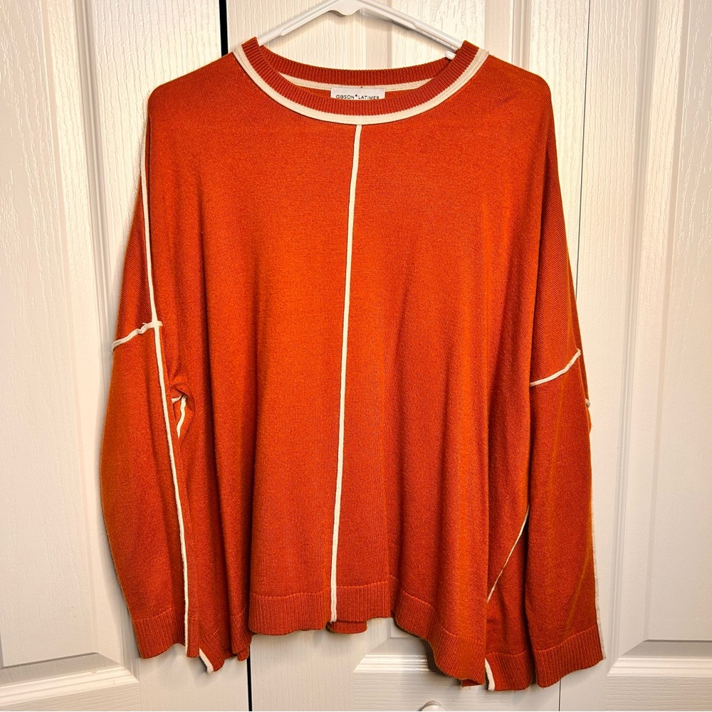Gibson Latimer‎ Size Medium Oversized Orange & White Pullover Sweater Wool Blend